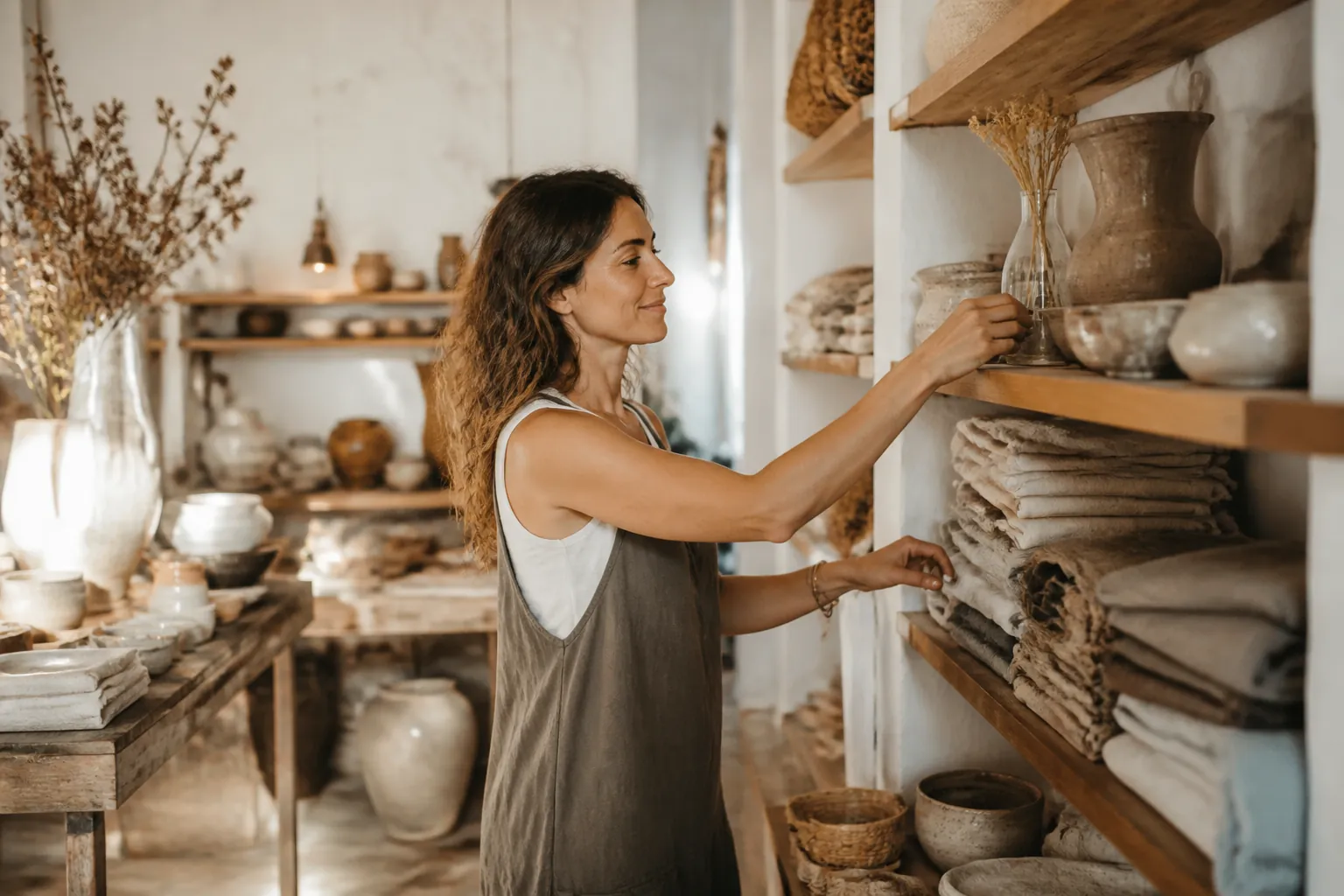 Independent shop owner arranging handmade goods