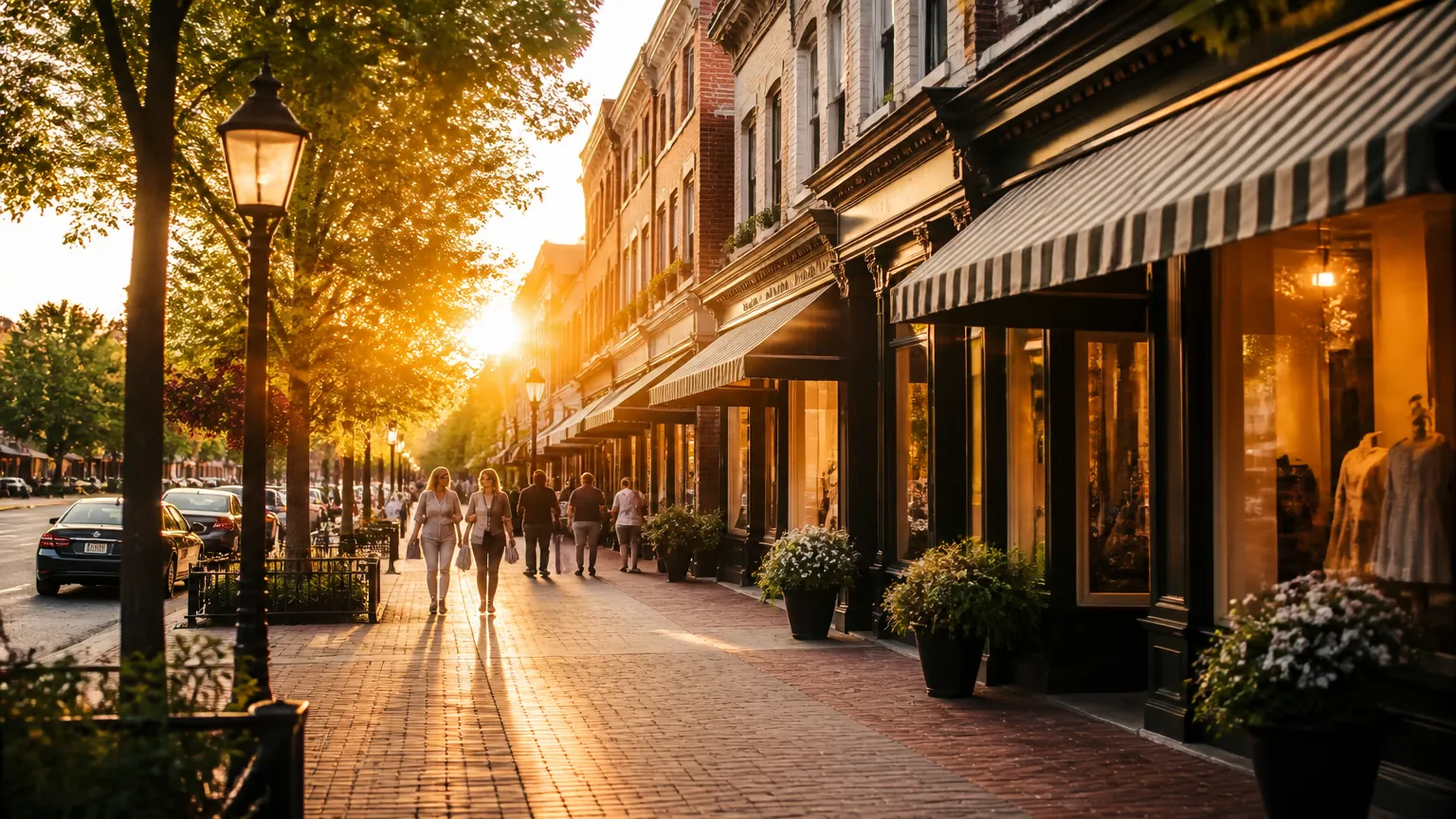 Historic main street with boutique shopfronts at golden hour