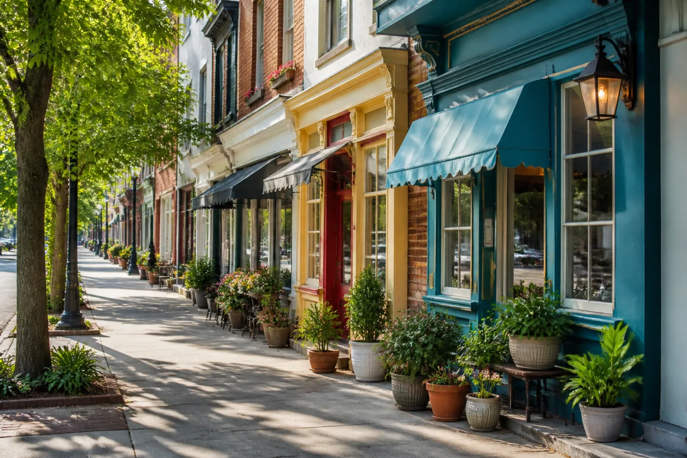 Neighbourhood shop fronts on a tree-lined street